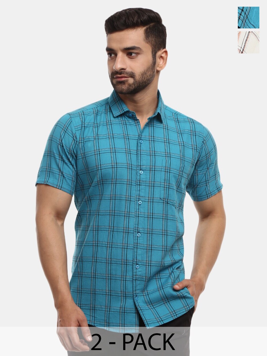 

V-Mart Pack Of 2 Checked Cotton Casual Shirt, Blue