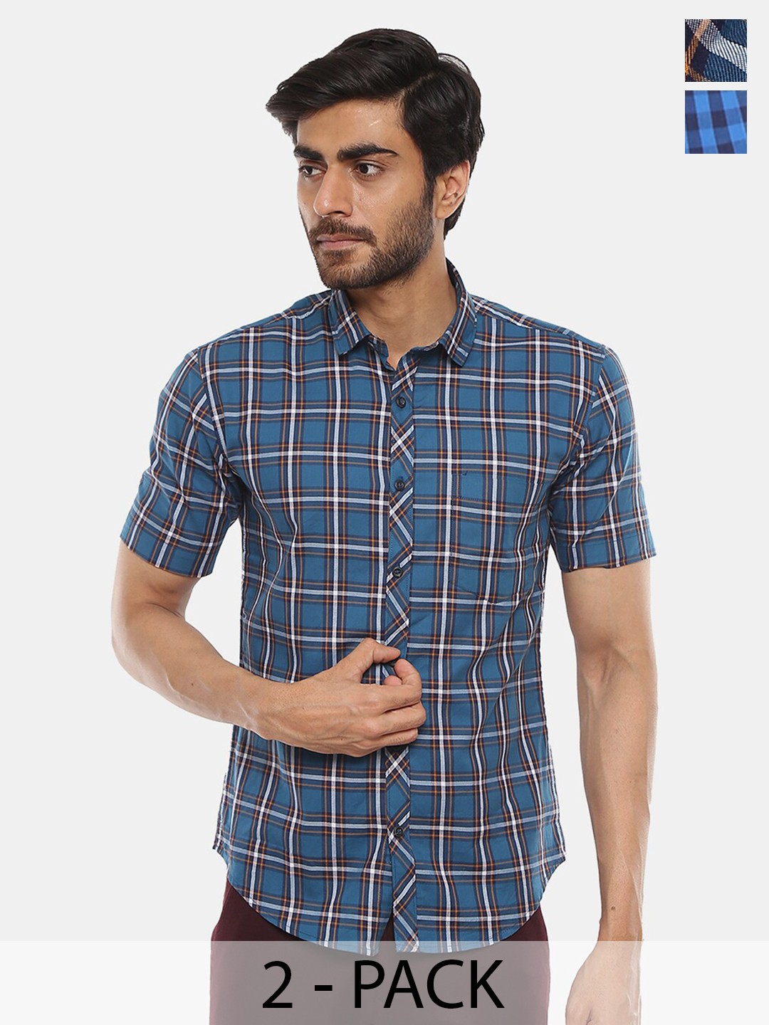 

V-Mart Pack of 2 Slim Fit Checked Cotton Casual Shirt, Blue