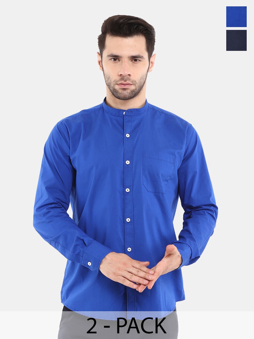 

V-Mart Pack of 2 Band Collar Cotton Casual Shirt, Blue