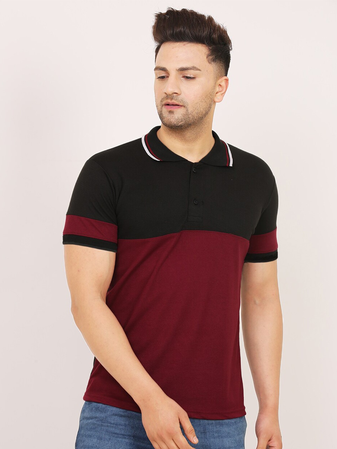 

Leotude Colourblocked Polo Collar T-shirt, Maroon