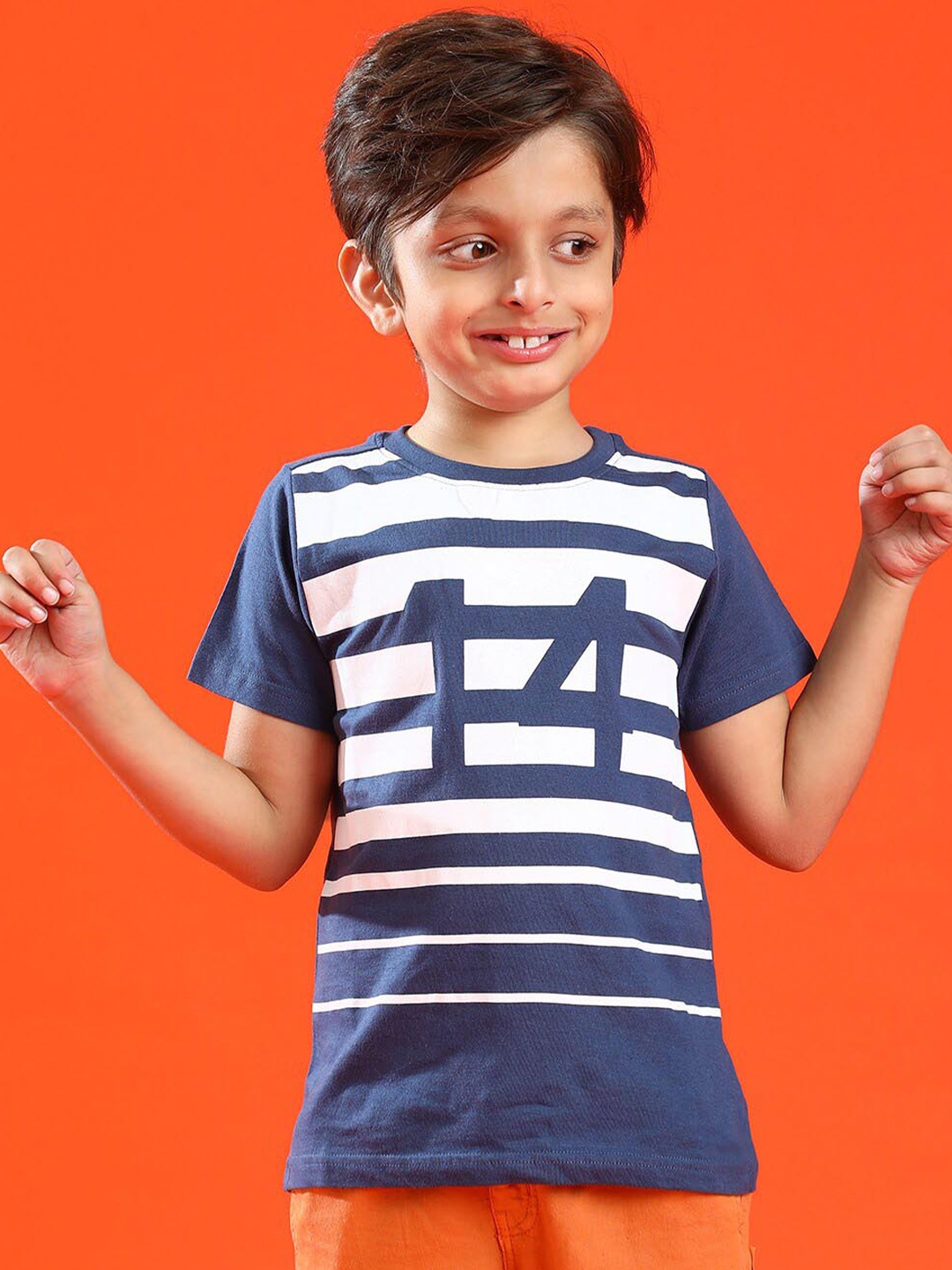 

TALES & STORIES Boys Striped Round Neck Cotton T-shirt, Navy blue