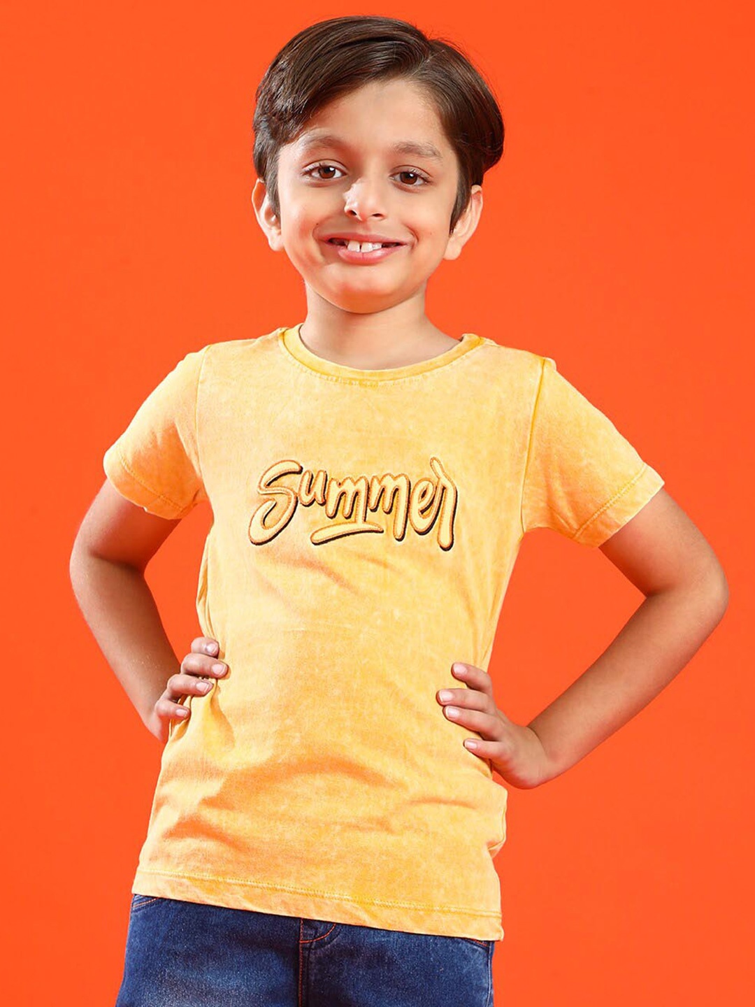

TALES & STORIES Boys Typography Printed Round Neck Cotton T-shirt, Mustard