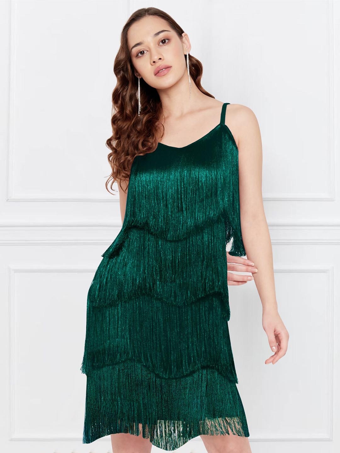 

Martini Layered Fringed Lace Sheath Dress, Green