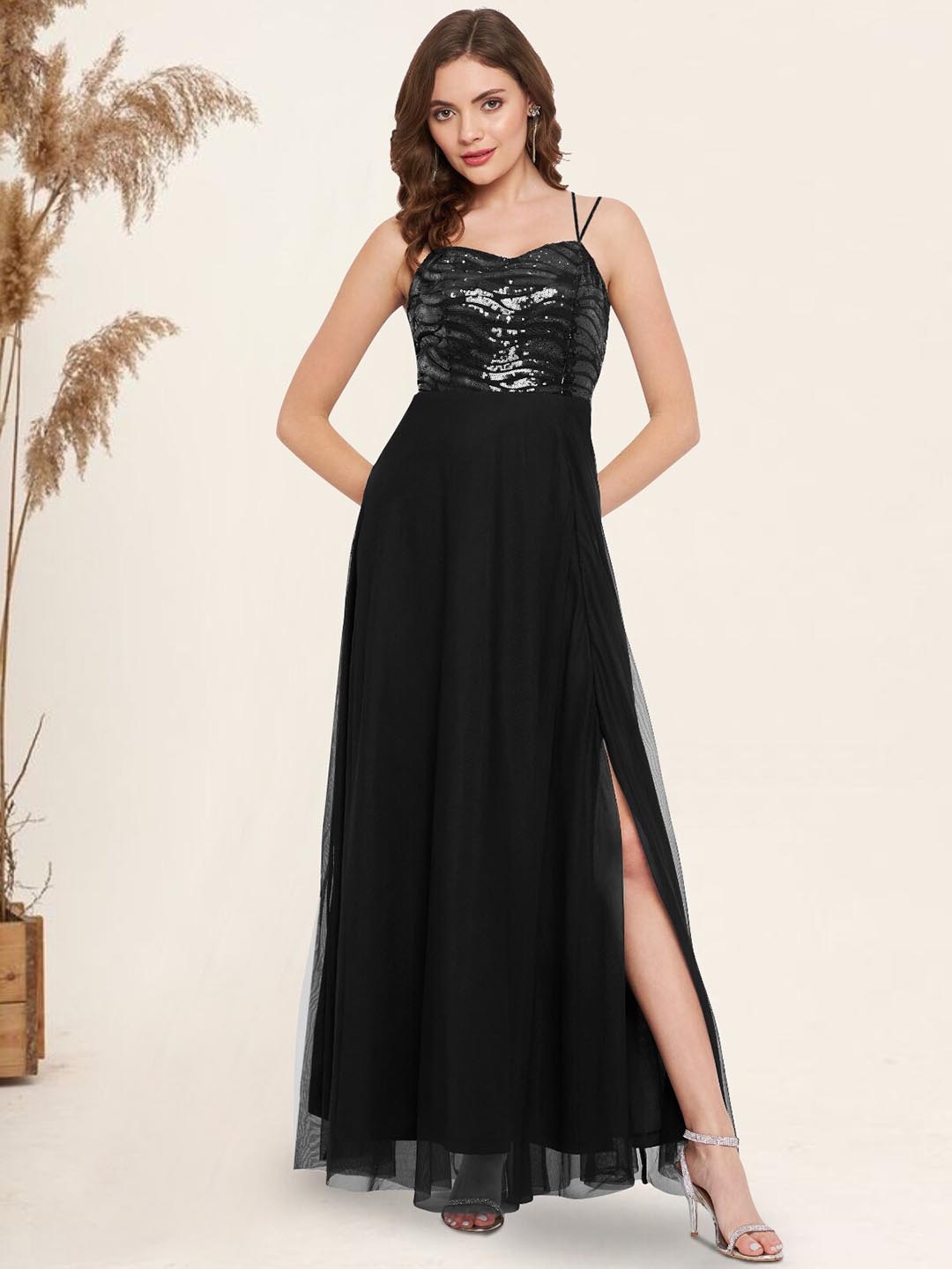 

Martini Embellished Net Party Maxi Dress, Black