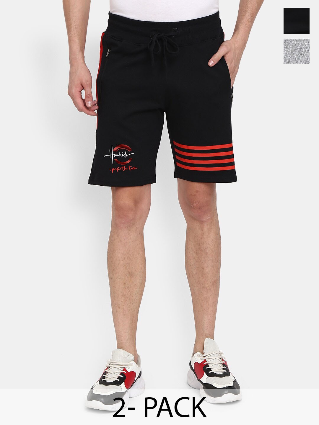 

V-Mart Men Pack Of 2 Mid-Rise Typography Printed Cotton Shorts, Black
