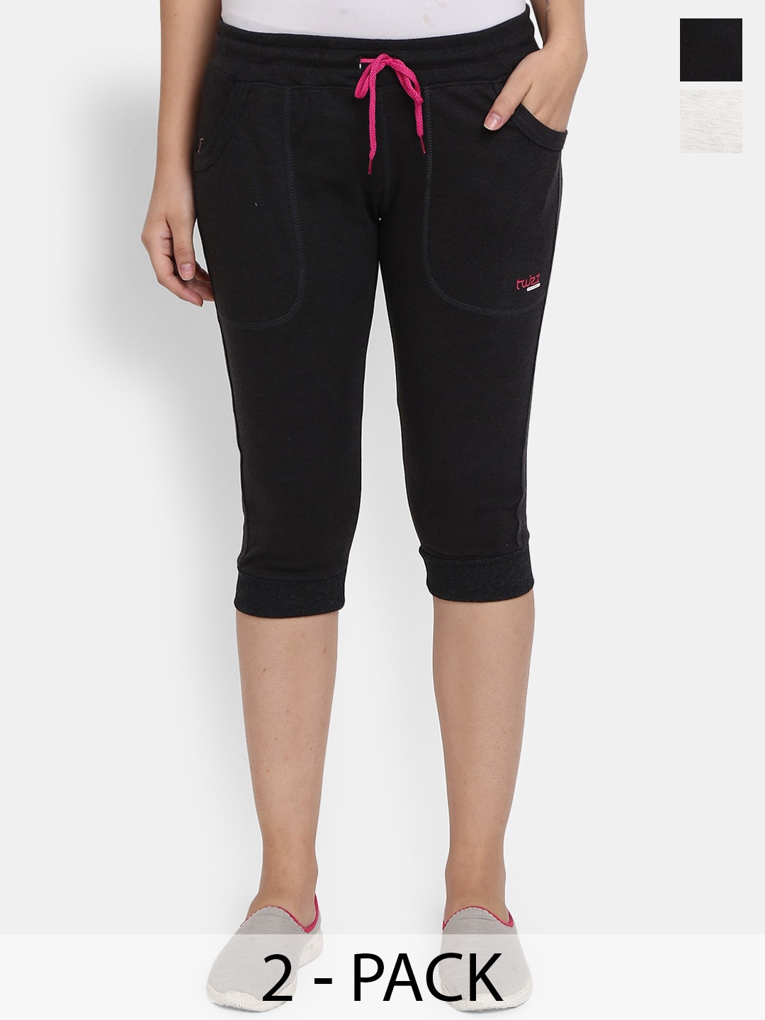 

V-Mart Pack Of 2 Mid-Rise Assorted Cotton Capris, Grey melange