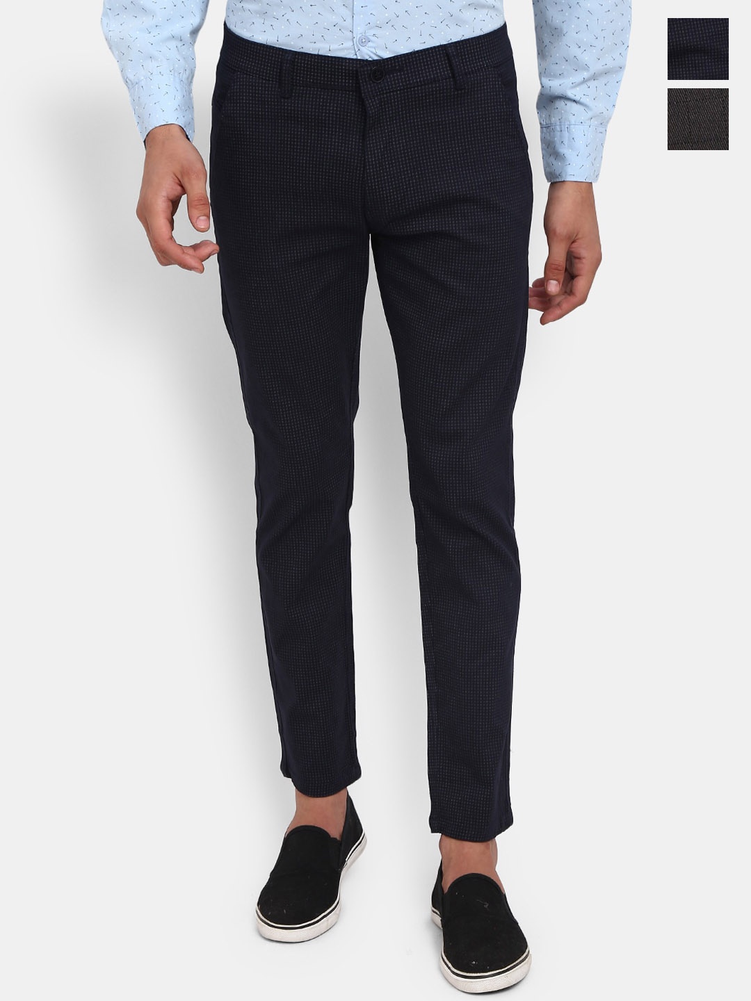 

V-Mart Men Pack of 2 Checked Cotton Trousers, Navy blue