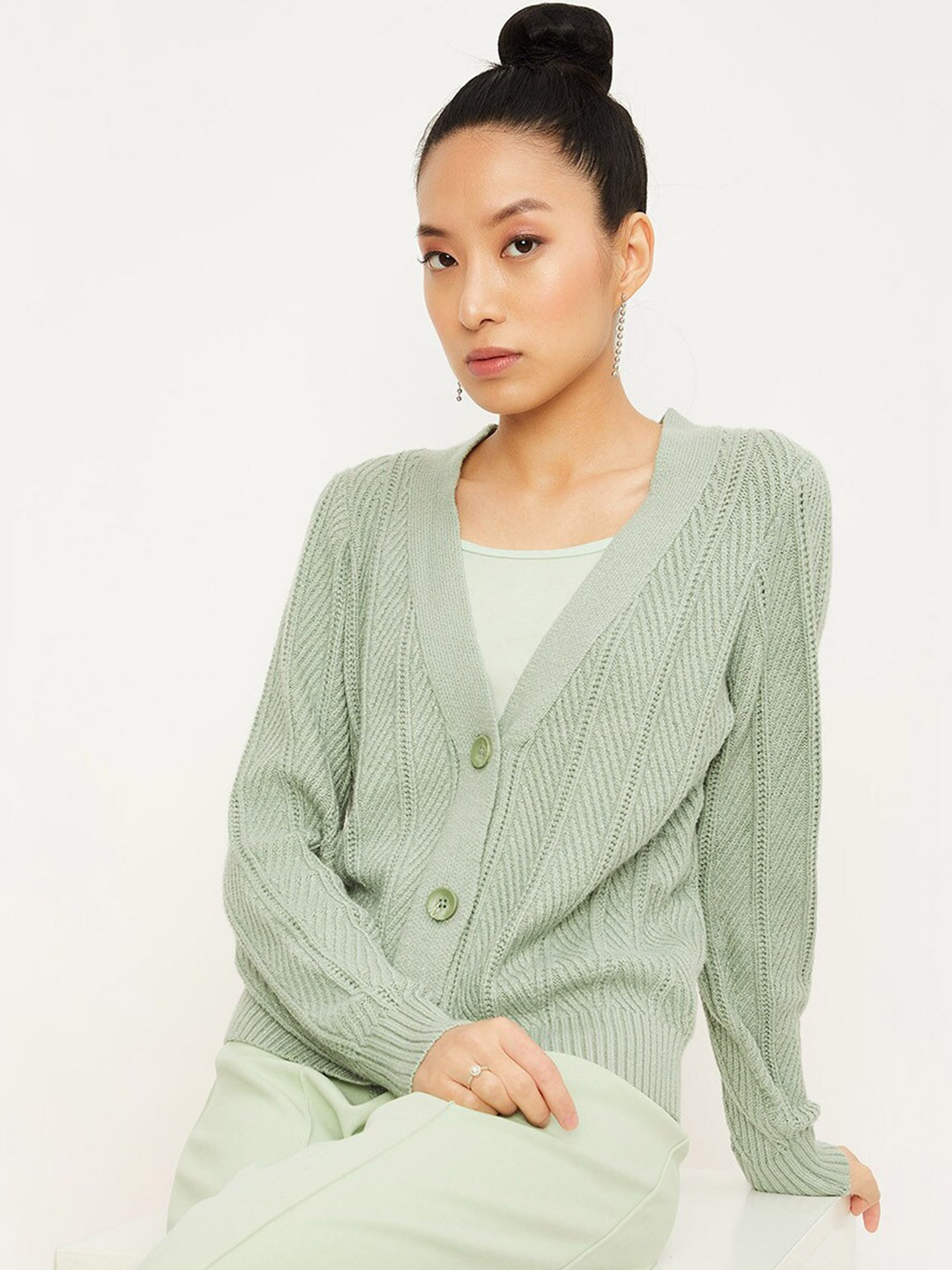 

max Self Designed V-Neck Acrylic Cardigan, Green