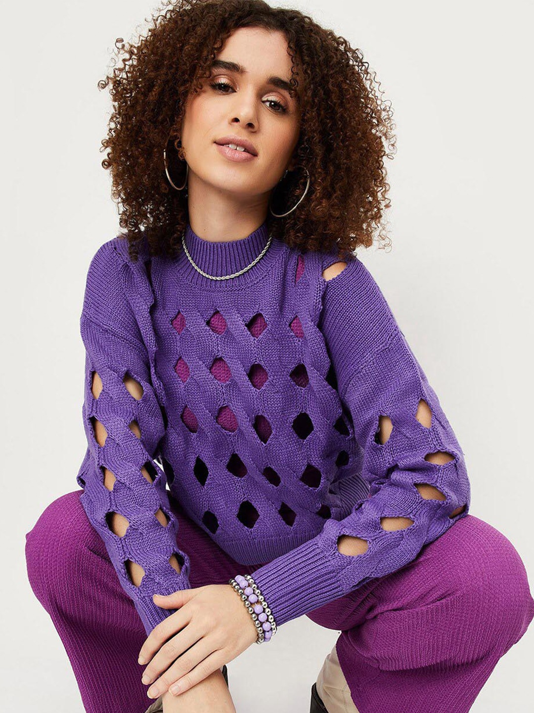 

max Self Designed Mock Collar Acrylic Pullover, Purple