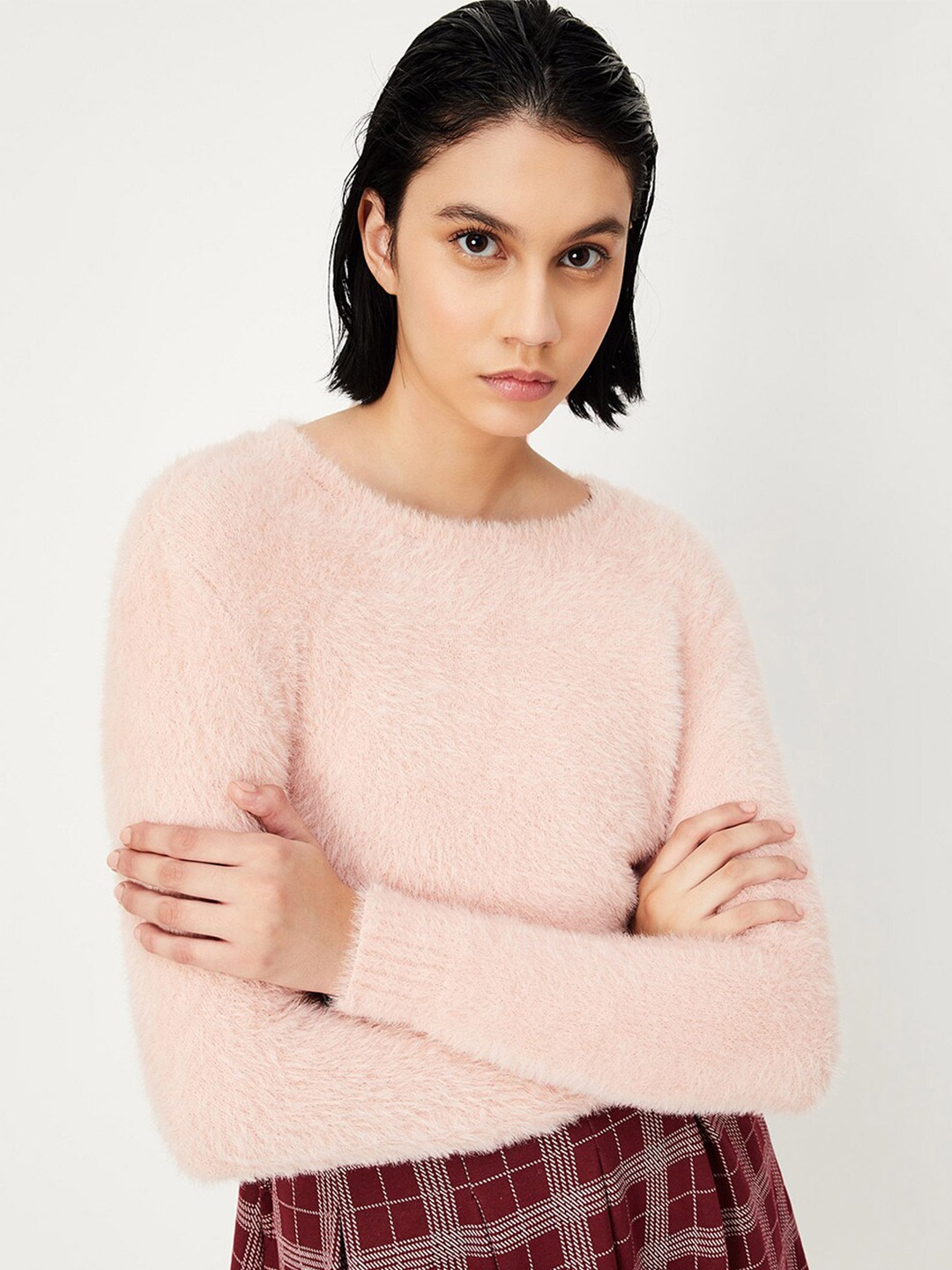 

max Self Design Round Neck Long Sleeves Nylon Pullover Sweater, Pink