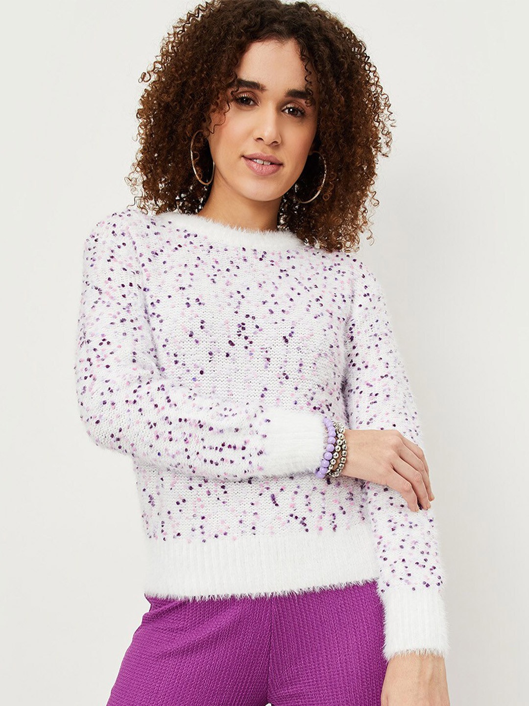 

max Self Designed Round Neck Acrylic Pullover, White