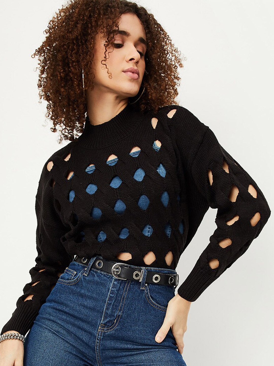 

max Self Designed Mock Collar Acrylic Pullover, Black