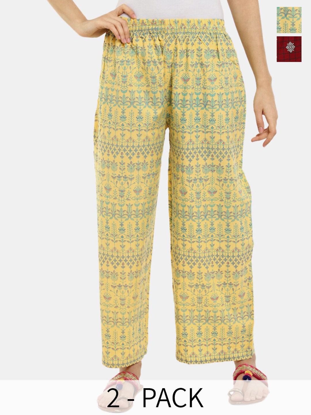 

V-Mart Women Pack of 2 Ethnic Motifs Printed Cotton Trousers, Yellow