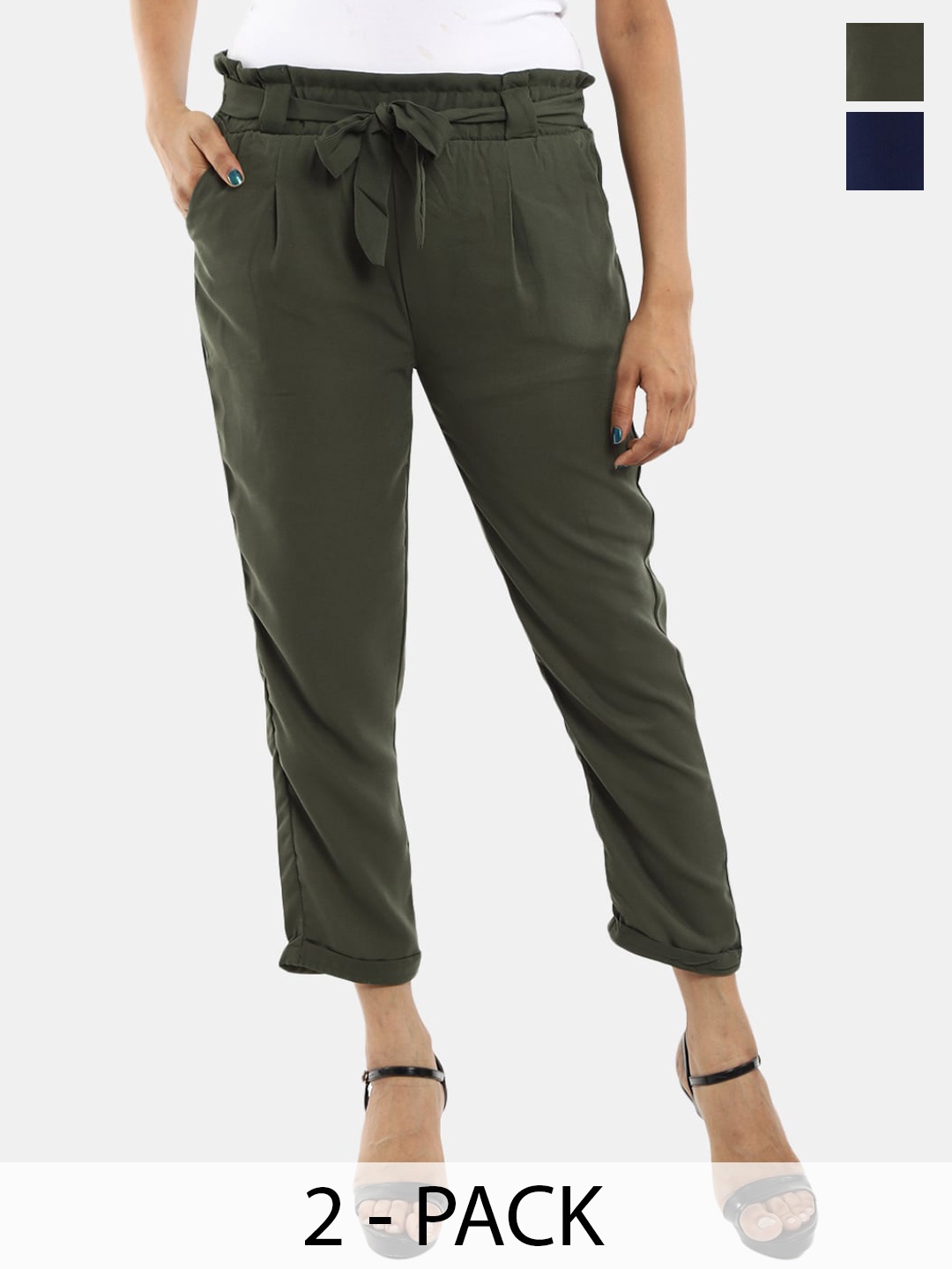 

V-Mart Women Pack of 2 Cotton Peg Trousers, Olive