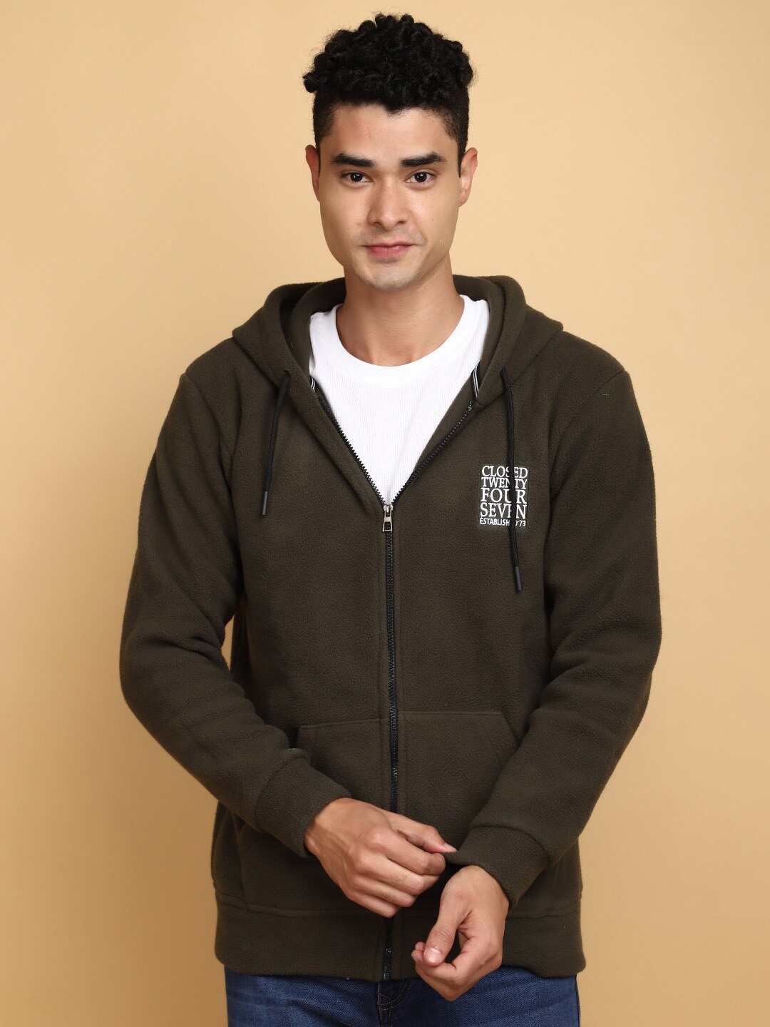 

V-Mart Typography Printed Hooded Front Open Sweatshirt, Green