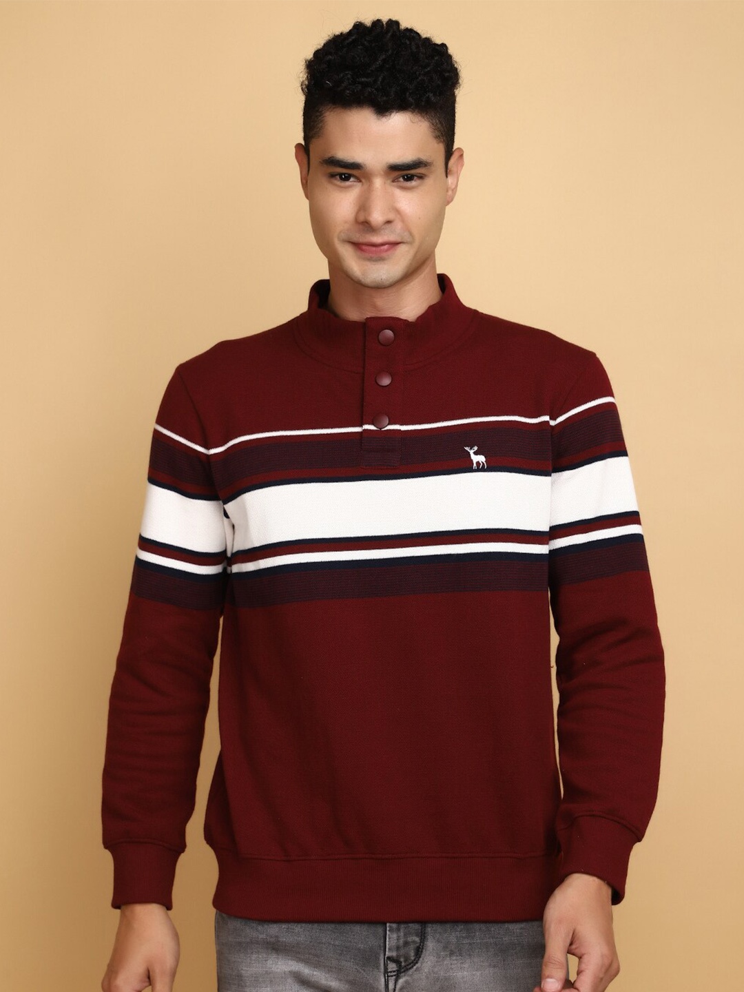 

V-Mart Striped Henley Neck Sweatshirt, Maroon