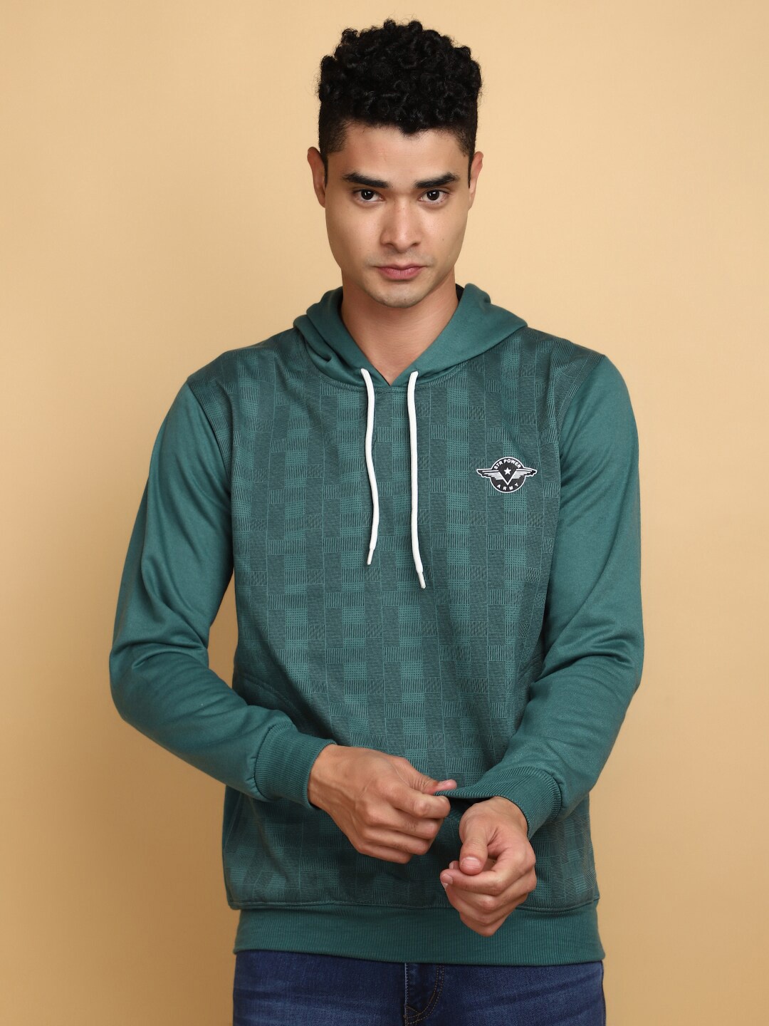 

V-Mart Geometric Printed Hooded Fleece Pullover Sweatshirt, Green