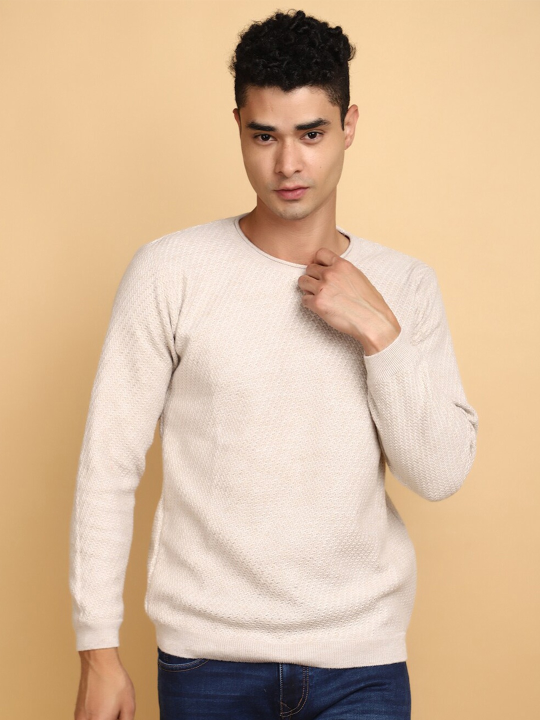 

V-Mart Self Design Open Knit Cotton Pullover Sweater, Beige