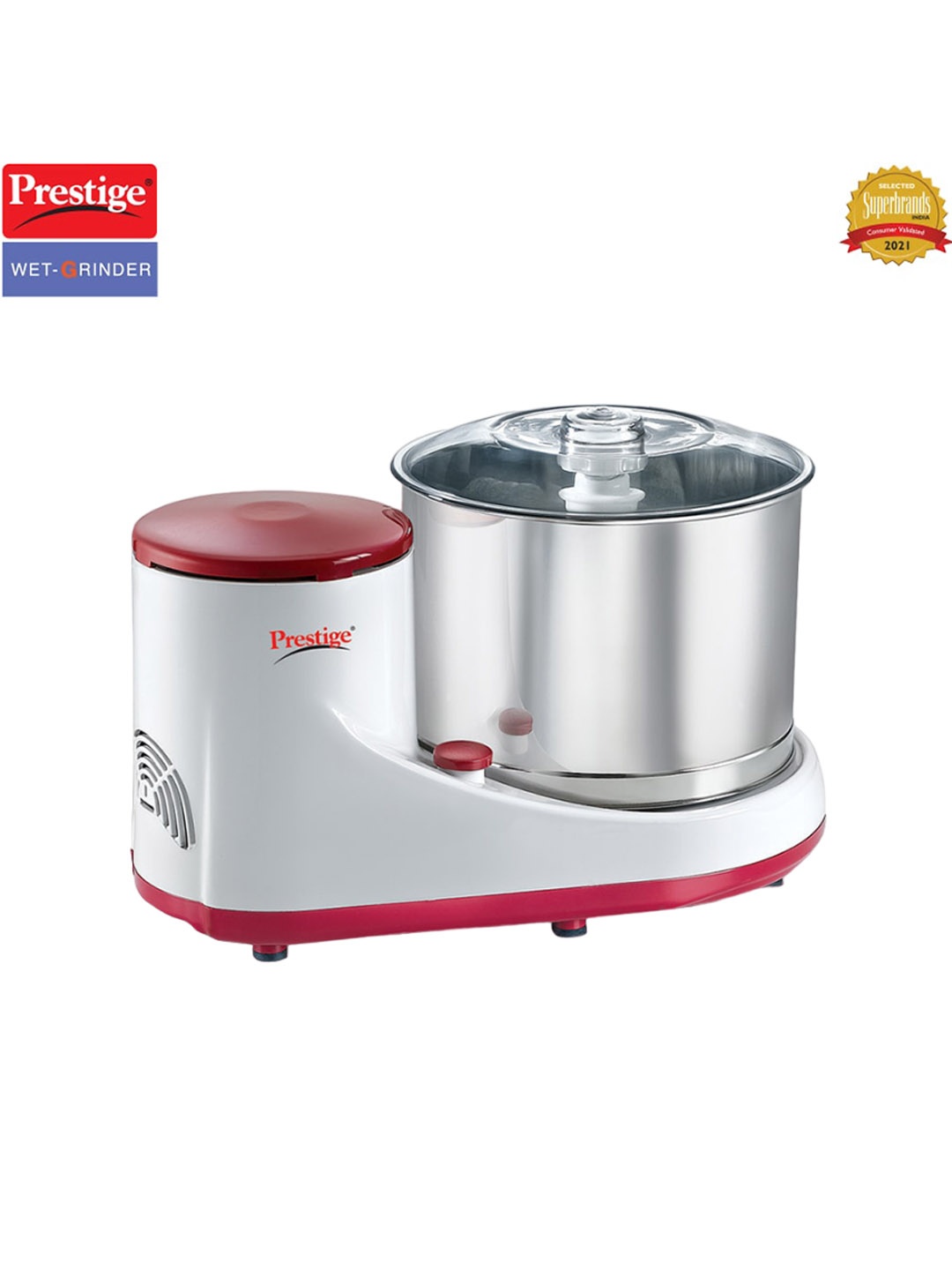 

Prestige PWG 05 White & Red Wet Grinder with Stainless Steel Drum 2 L