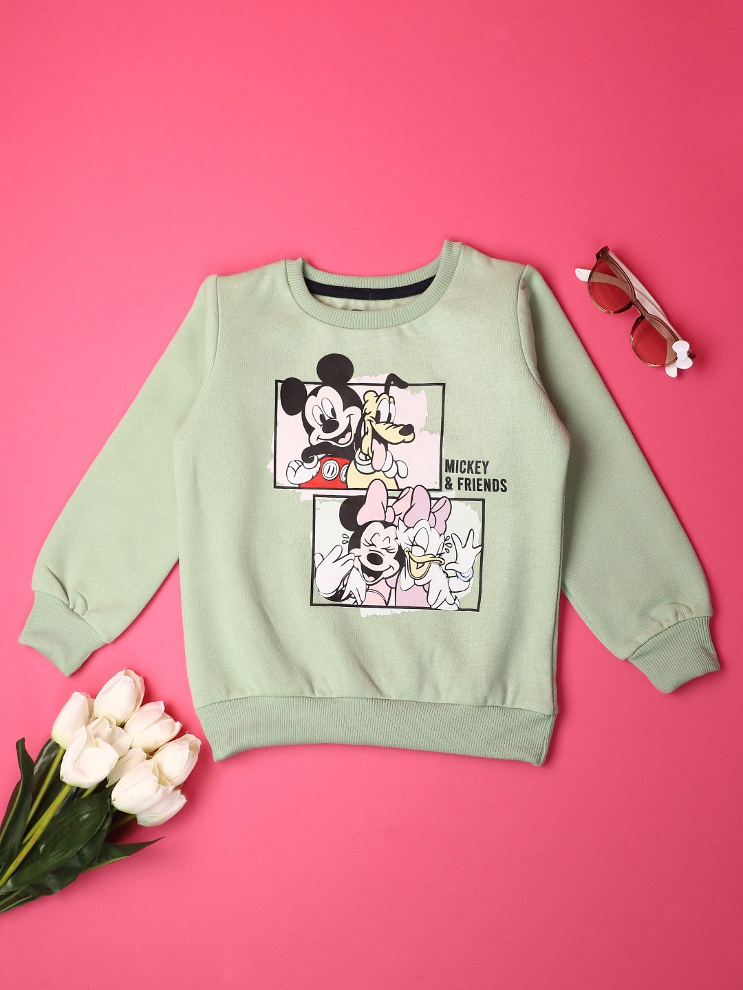 

V-Mart Girls Mickey & Friends Printed Cotton Sweatshirt, Green