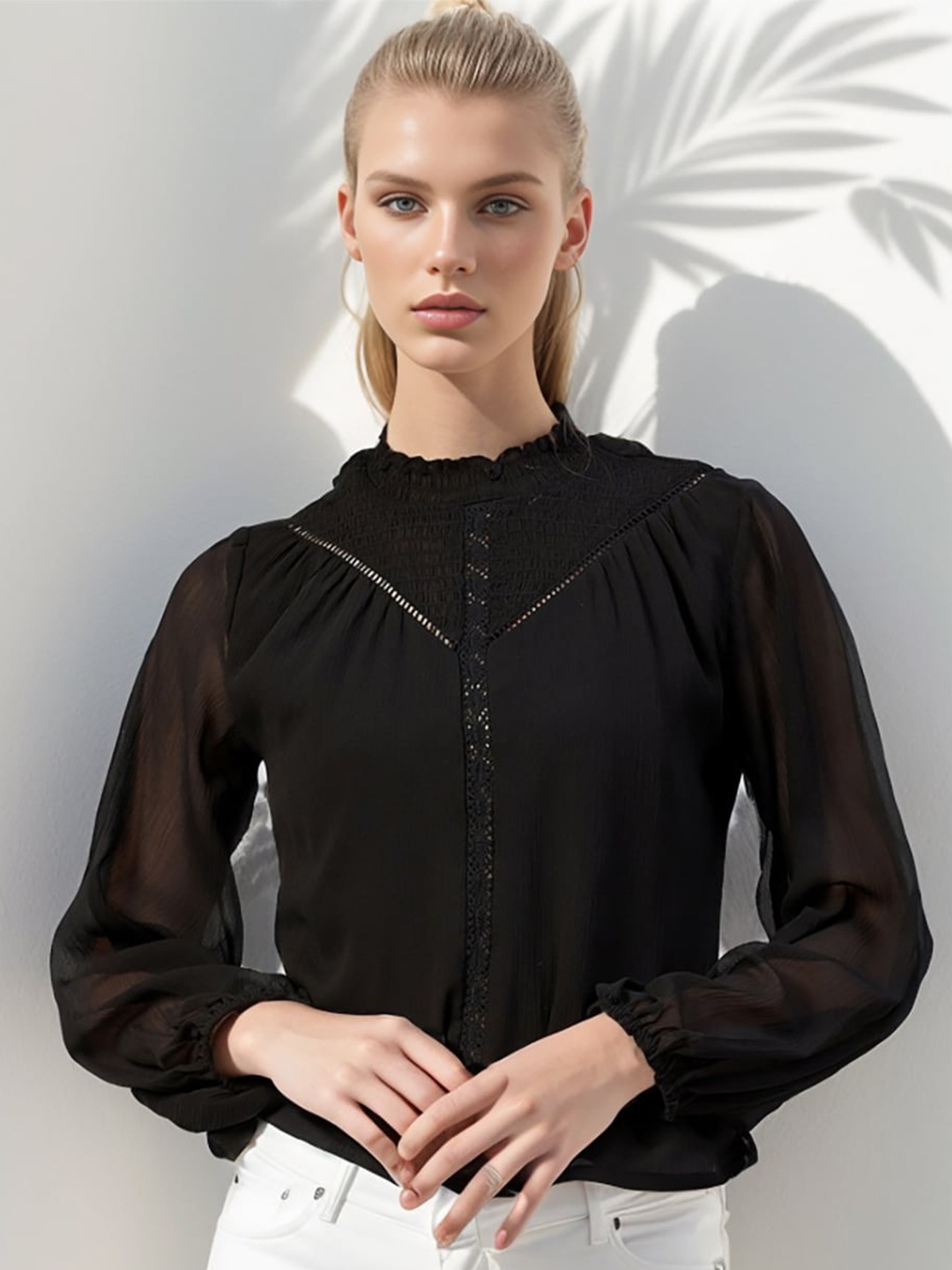 

RARE Puff Sleeve Chiffon Top, Black