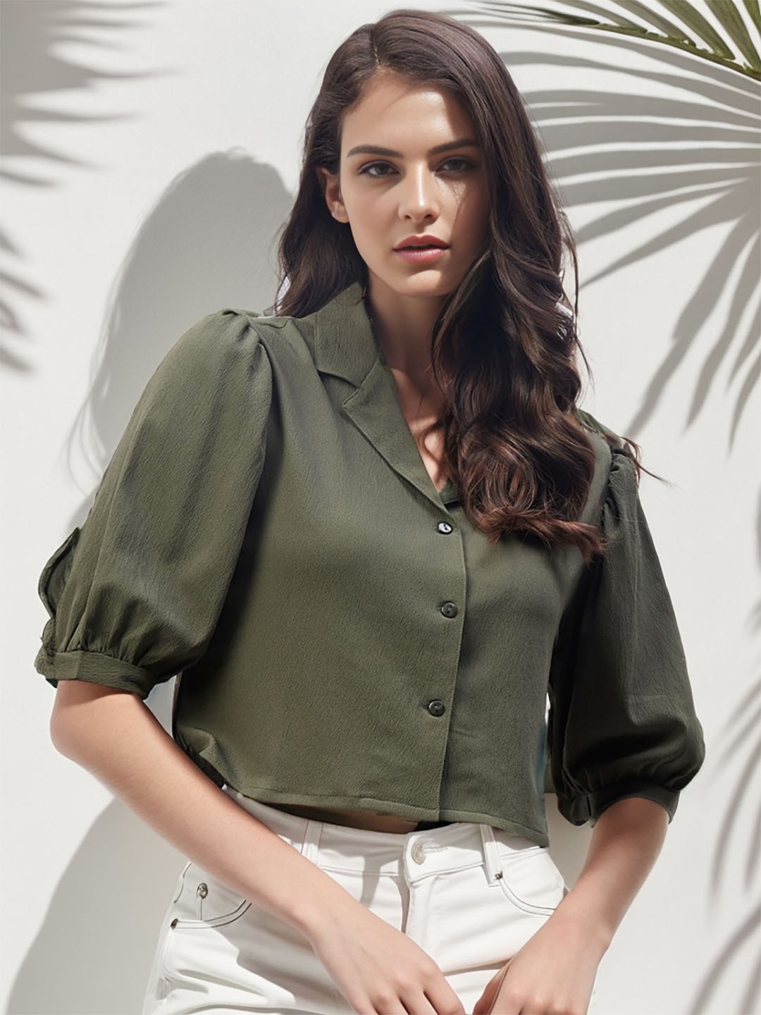 

RARE Olive Green Puff Sleeves Crepe Shirt Style Crop Top