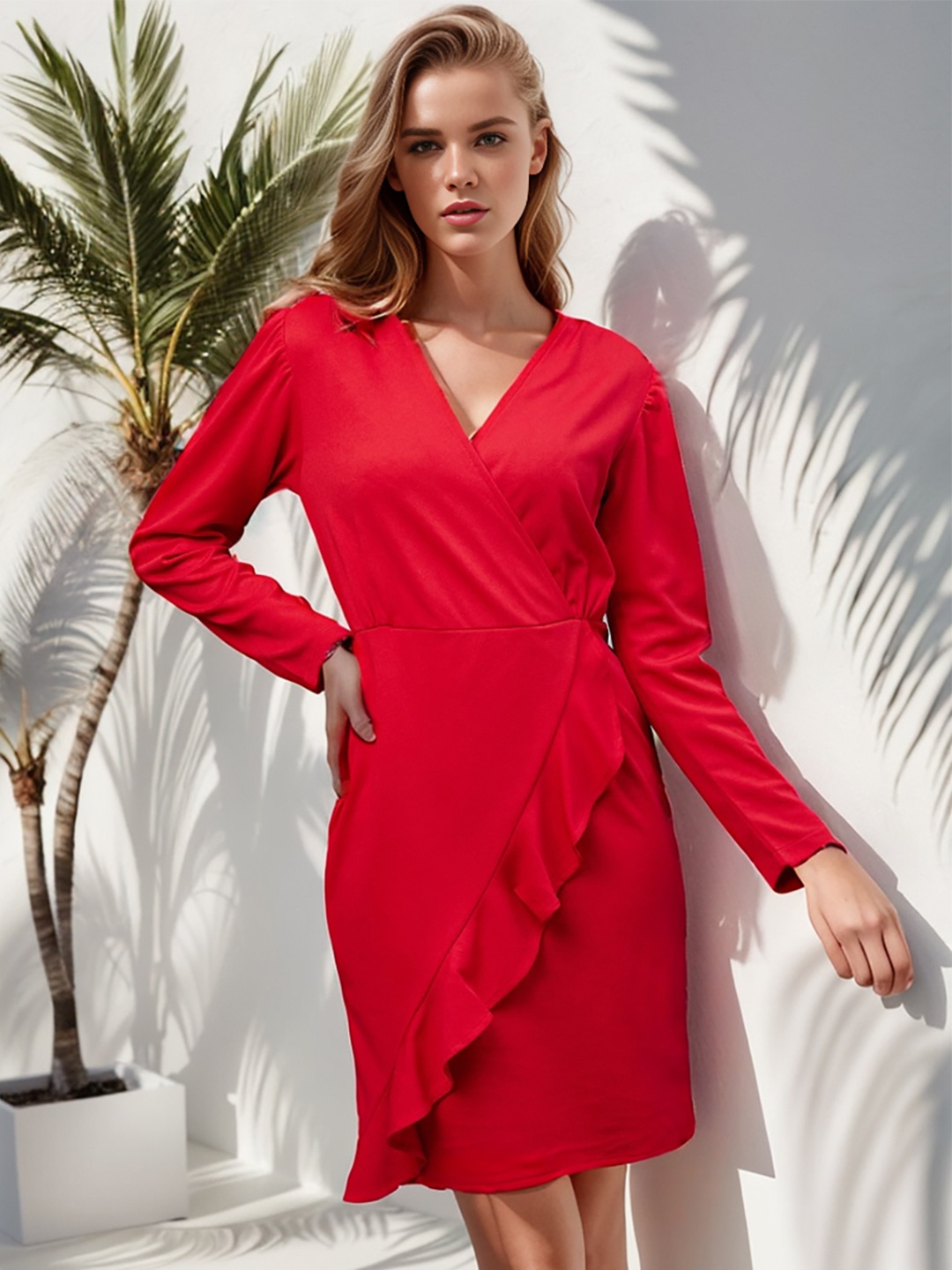 

RARE Red V-Neck Puff Sleeves Ruffled Wrap Dress