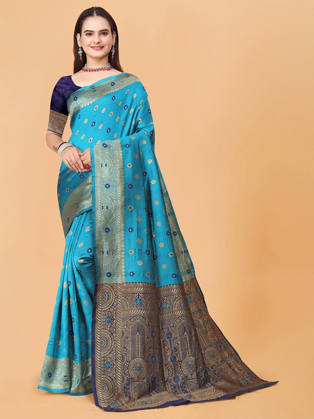 

MUKHITA Floral Woven Design Banarasi Saree, Turquoise blue