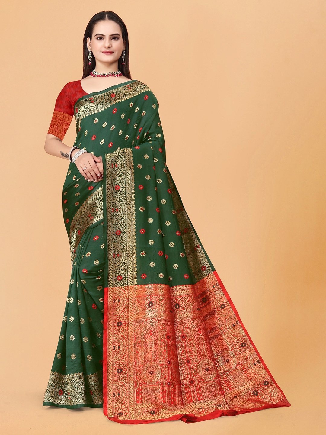 

MUKHITA Floral Woven Design Banarasi Saree, Green