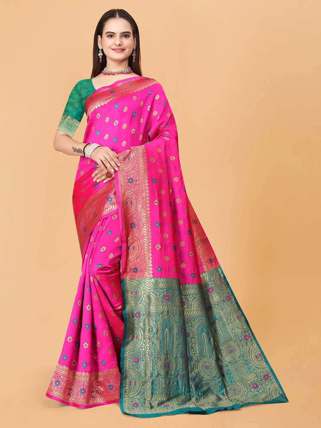 

MUKHITA Floral Woven Design Banarasi Saree, Pink