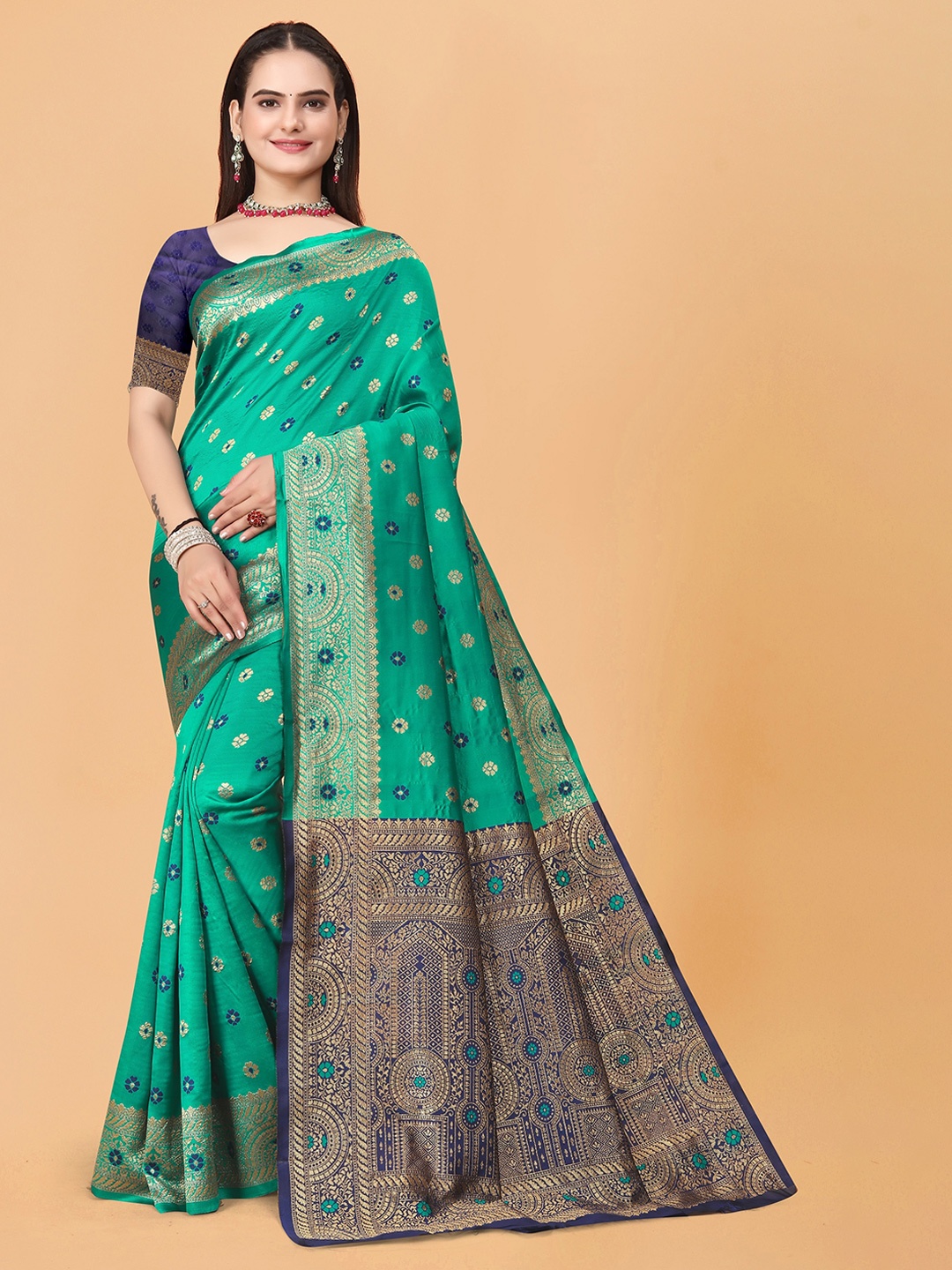 

MUKHITA Floral Woven Design Banarasi Saree, Teal