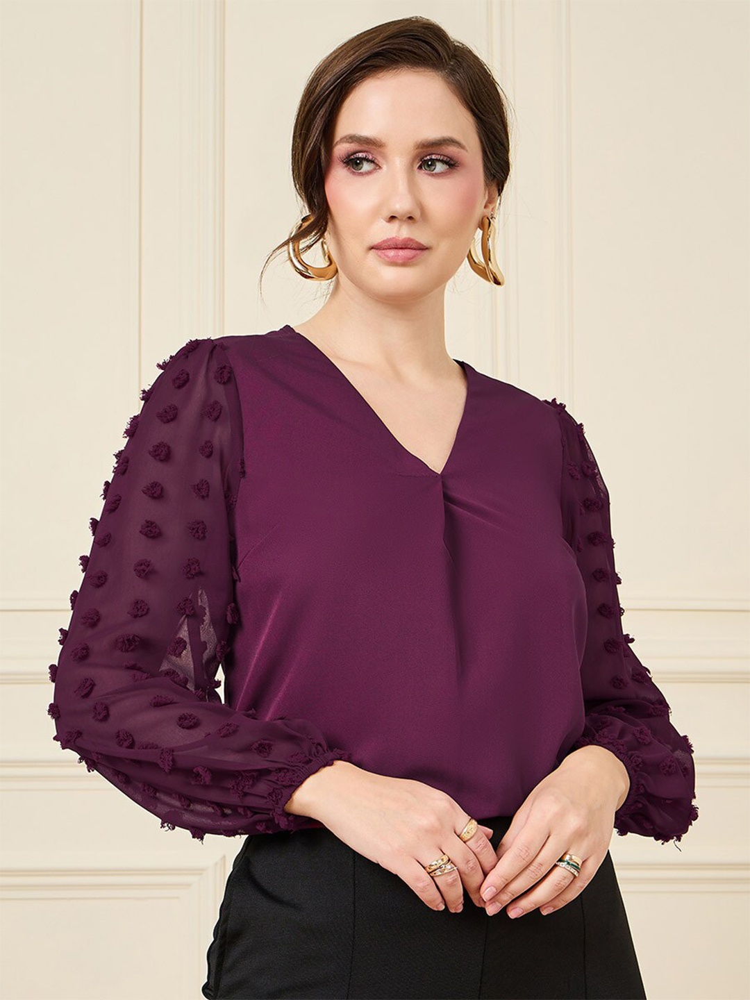 

Styli V-Neck Dobby-Weave Detail Regular Fit Top, Purple