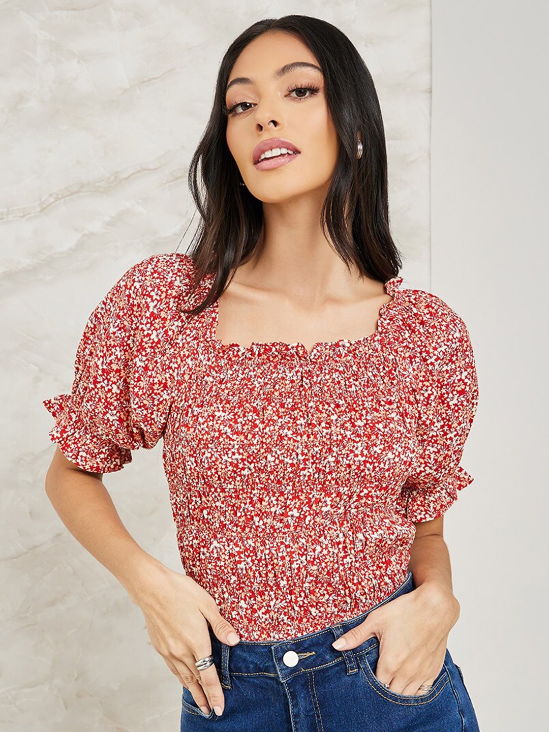 

Styli Floral Printed Square Neck Cotton Fitted Top, Rust