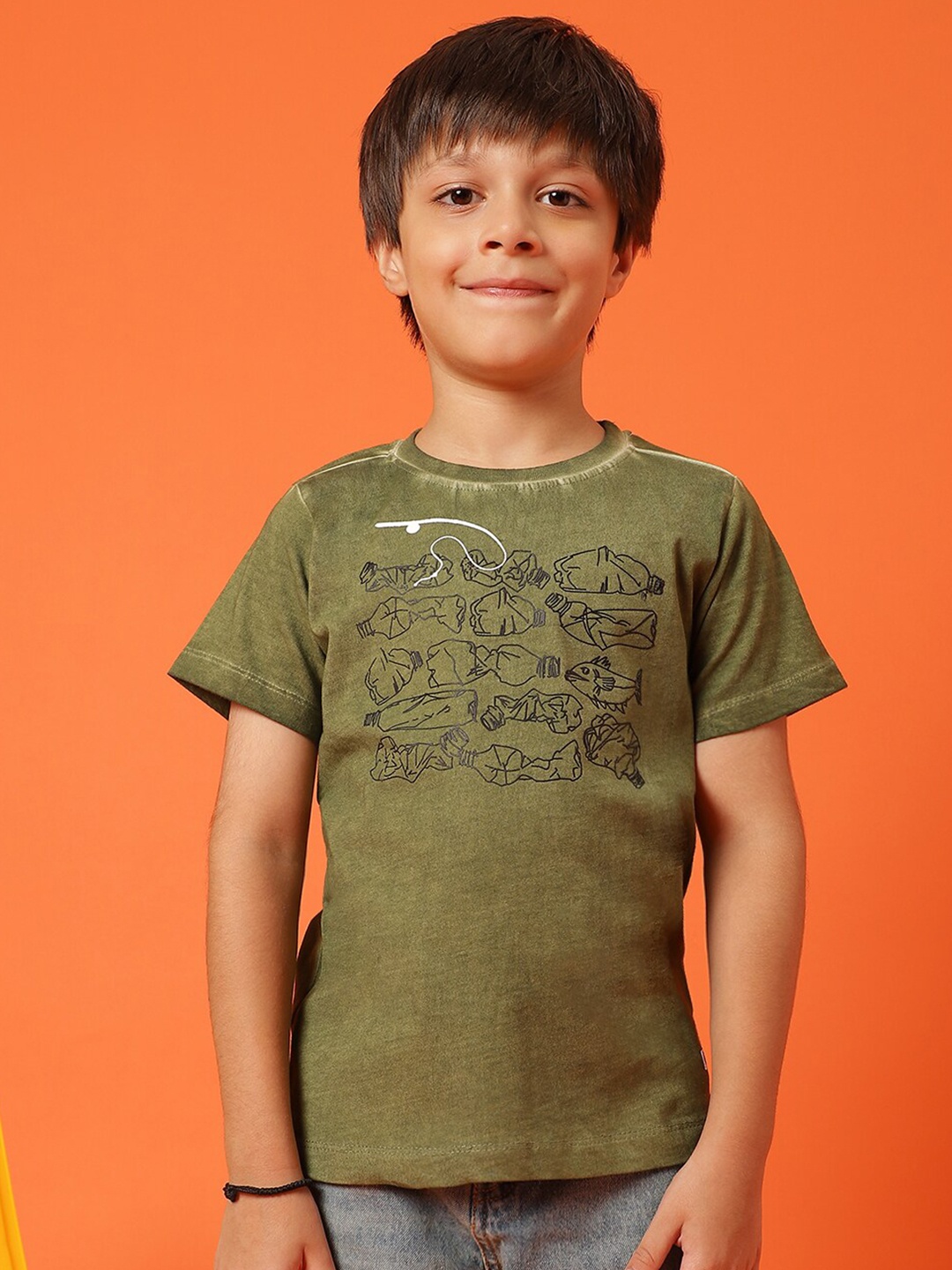 

TALES & STORIES Boys Graphic Printed Round Neck Cotton T-shirt, Olive