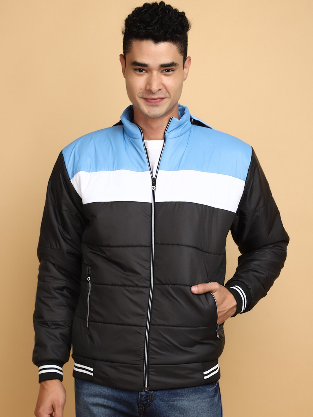 

V-Mart Colourblocked Mock Collar Lightweight Cotton Bomber Jacket, Black