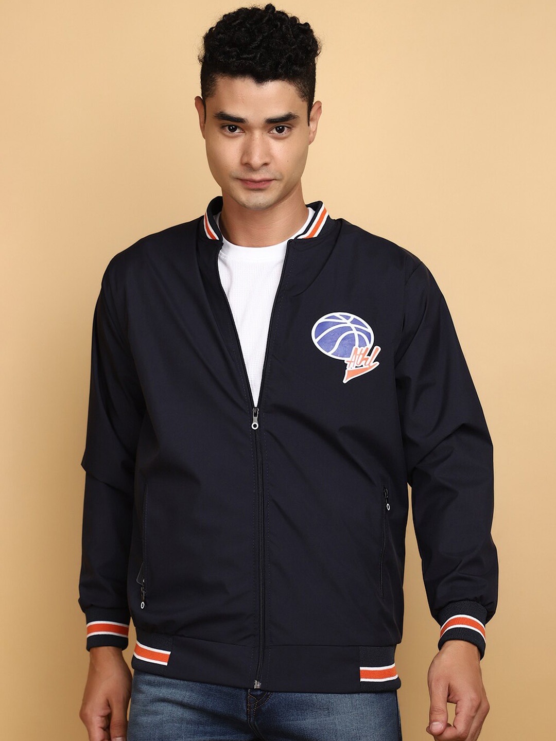 

V-Mart Stand Collar Lightweight Cotton Bomber Jacket, Blue