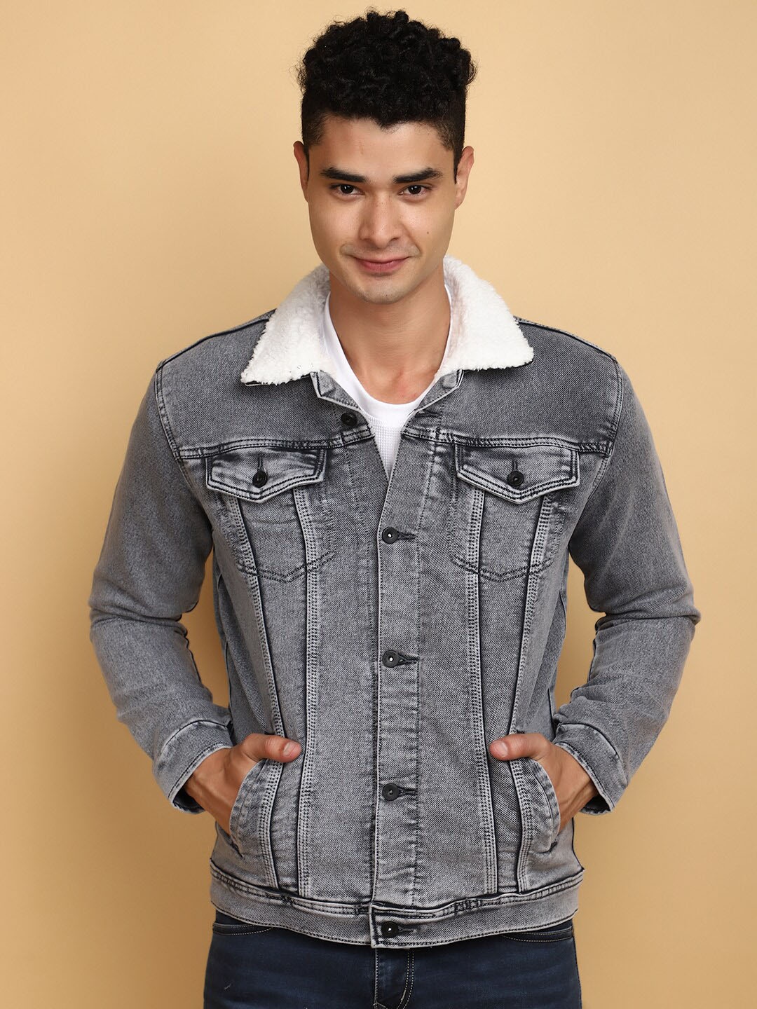 

V-Mart Washed Lightweight Cotton Denim Jacket, Grey