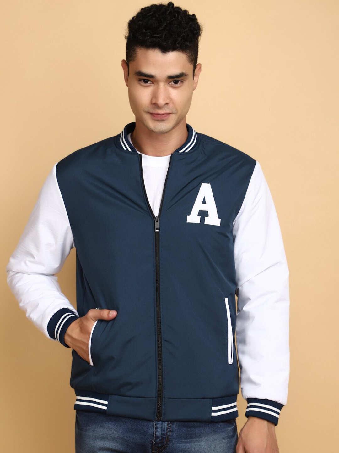 

V-Mart Stand Collar Lightweight Cotton Bomber Jacket, Blue