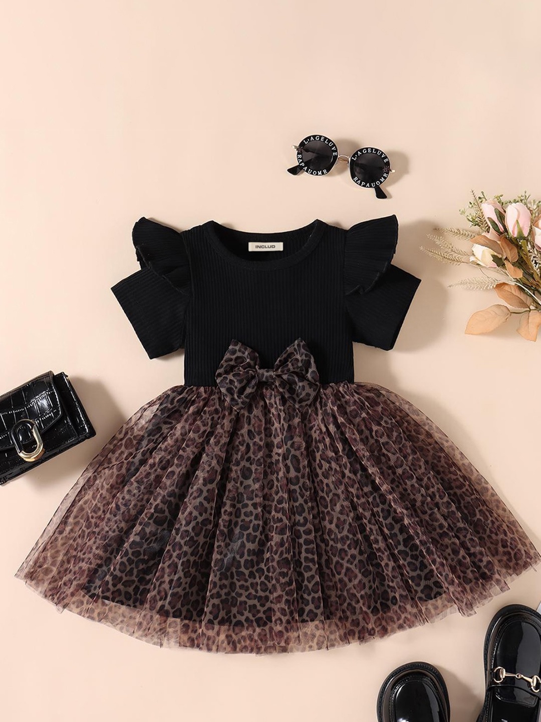 

INCLUD Girls Abstract Printed Bow Fit & Flare Dress, Black