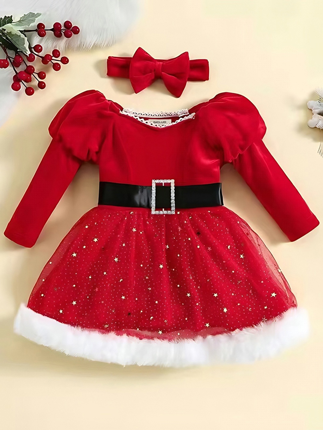 INCLUD Red Bishop Sleeve Net Fit & Flare Dress