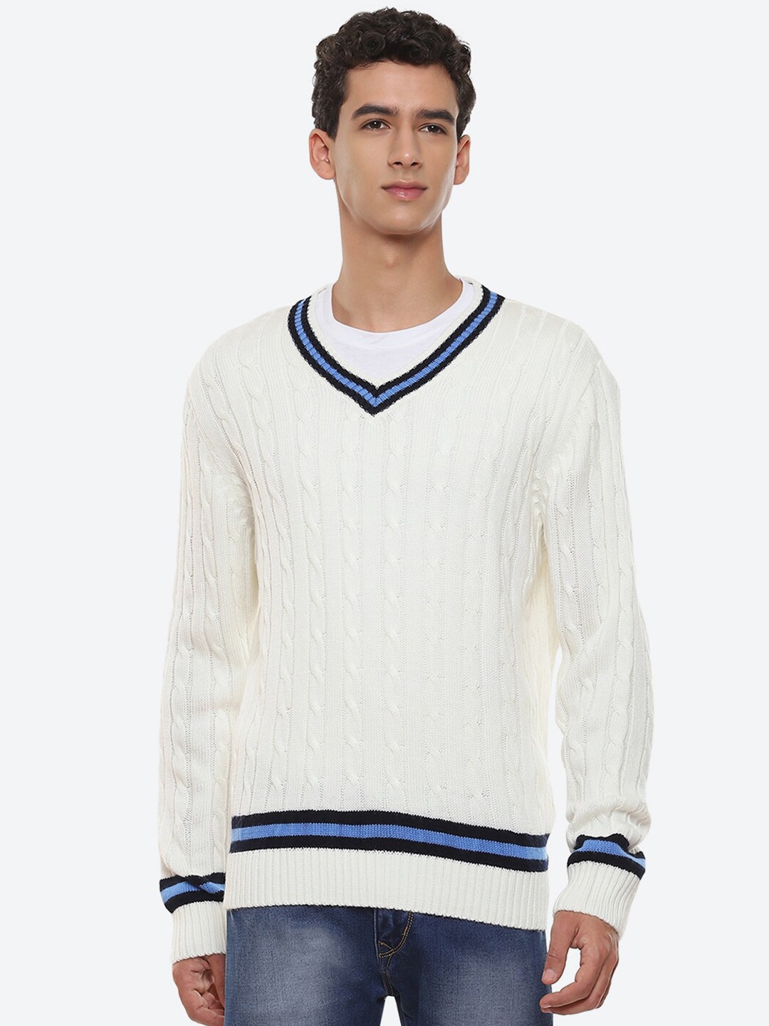 

2Bme Cable Knit V-Neck Long Sleeves Cotton Pullover Sweater, White