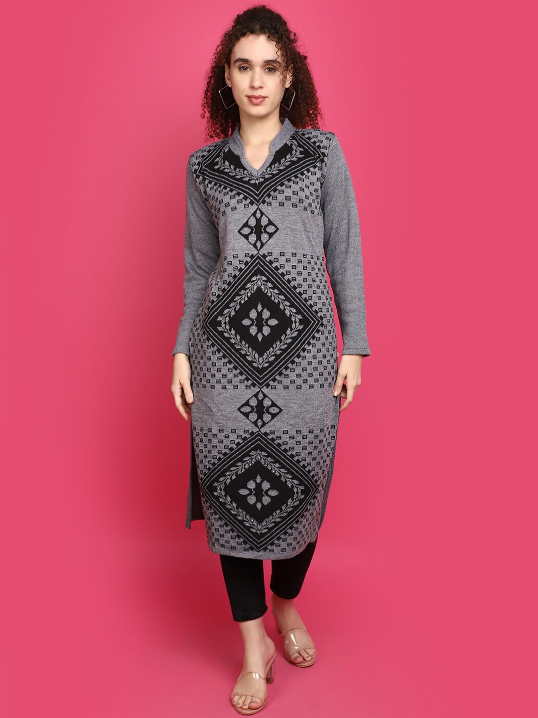 

V-Mart Ethnic Motifs Woven Design Mandarin Collar Jacquard Kurta, Grey