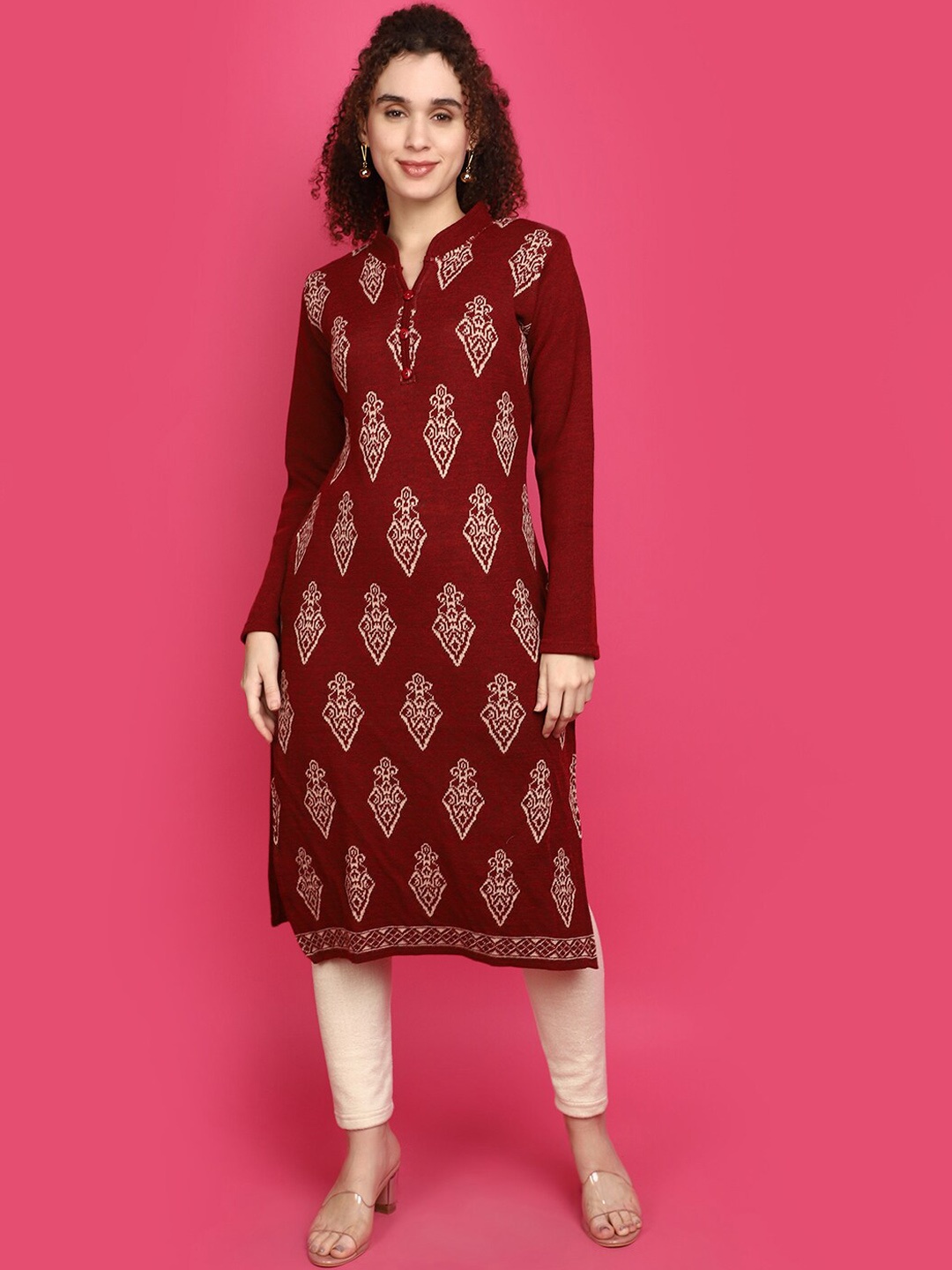 

V-Mart Ethnic Motifs Printed Mandarin Collar Cotton Kurta, Maroon