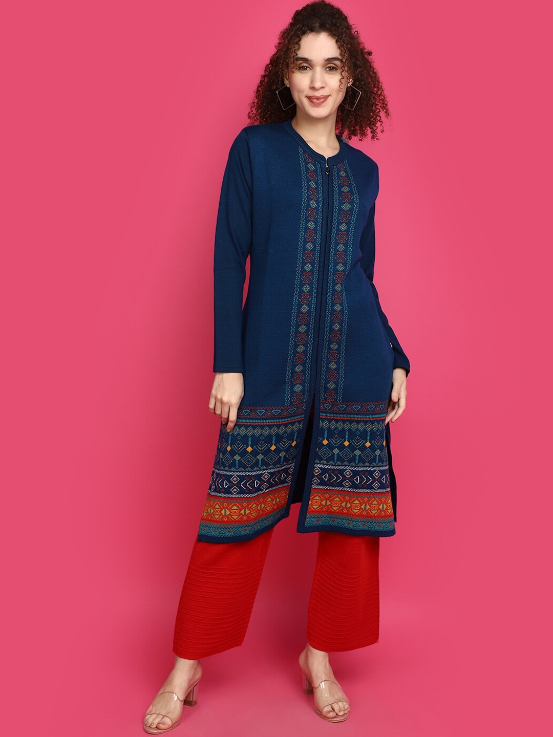 

V-Mart Ethnic Motifs Printed Mandarin Collar Cotton Kurta, Navy blue