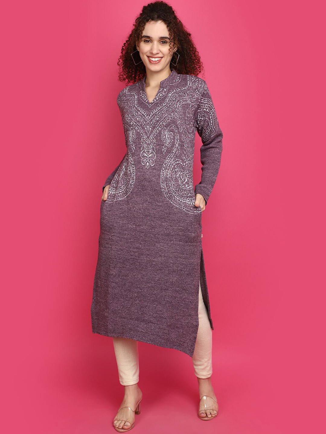 

V-Mart Ethnic Motifs Woven Design Mandarin Collar Cotton Straight Kurta, Purple