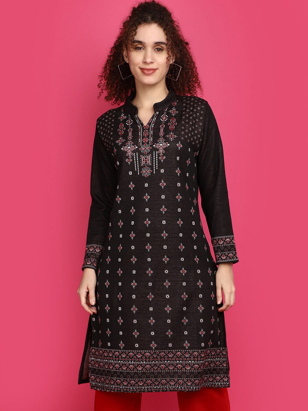 

V-Mart Ethnic Motifs Printed Mandarin Collar Cotton Kurta, Black