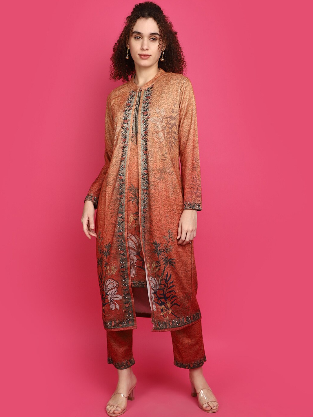 

V-Mart Ethnic Motifs Printed Mandarin Collar Thread Work A-Line Kurta, Rust