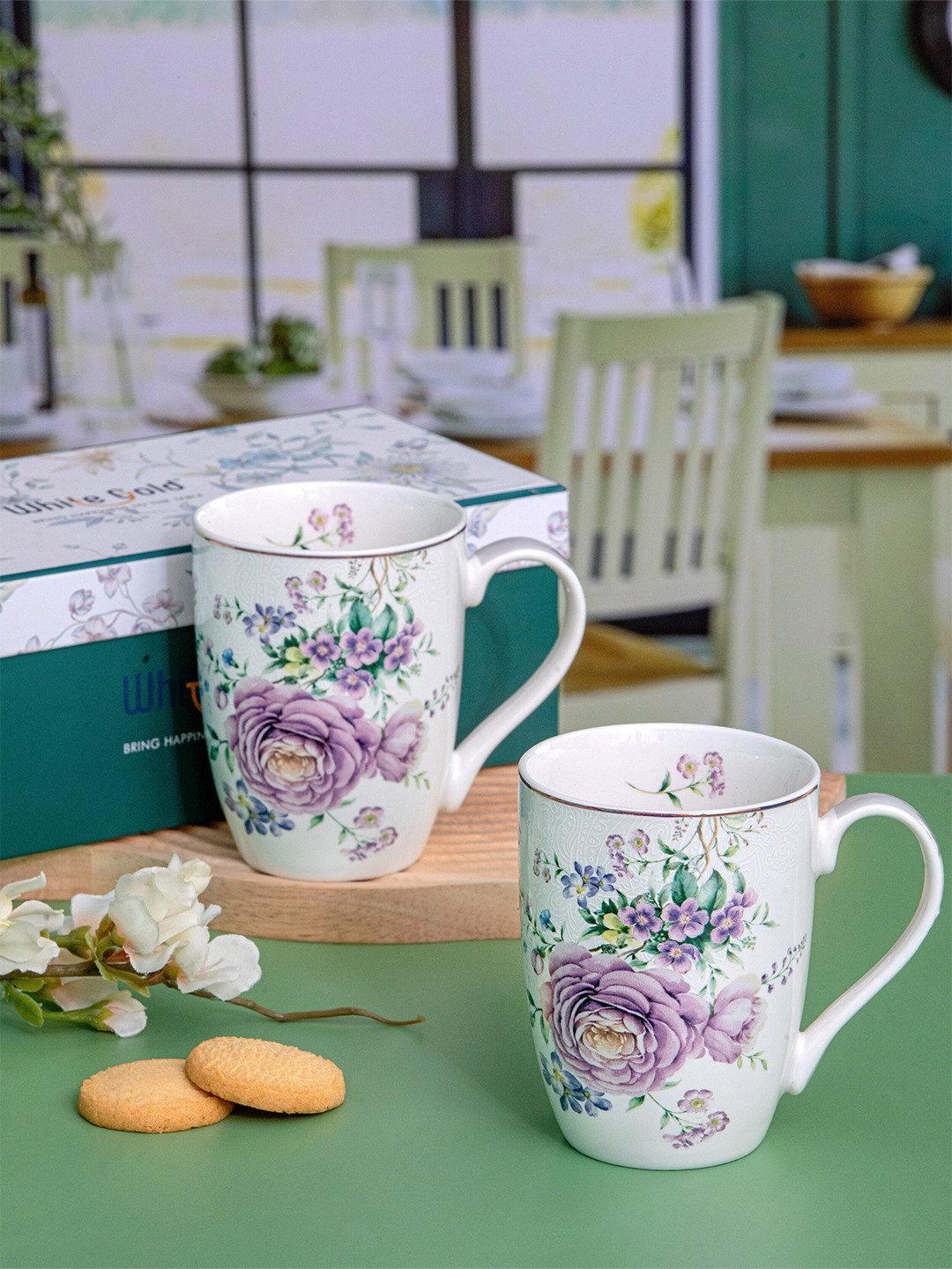 

White Gold White & Purple 2 Pieces Floral Printed Porcelain Matte Mugs 320 ML Each