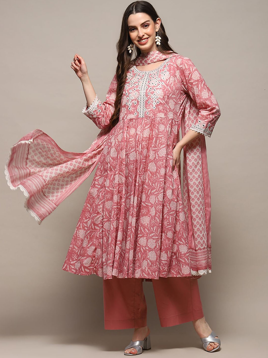 

Biba Floral Printed Regular Mirror Work Pure Cotton Kurta With Palazzos & Dupatta, Pink