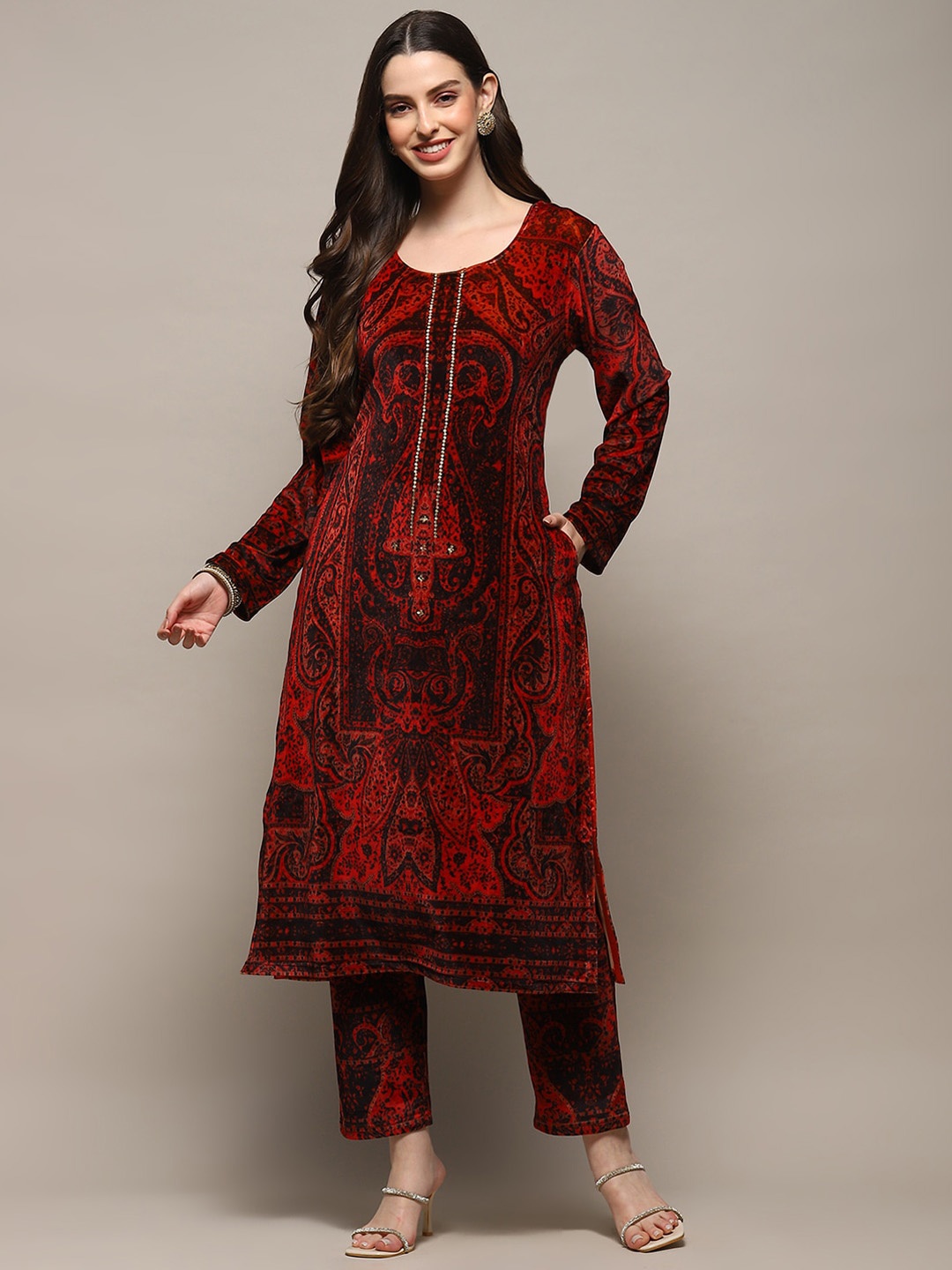 

Biba Ethnic Motifs Printed Regular Sequinned Kurta With Trousers, Red